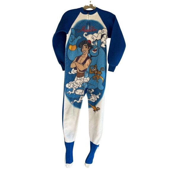 Disney Aladdin 1992 Fleece Pajamas Sleeper Suit Blue Kids 12 Footsie Genie Read* - Picture 2 of 13